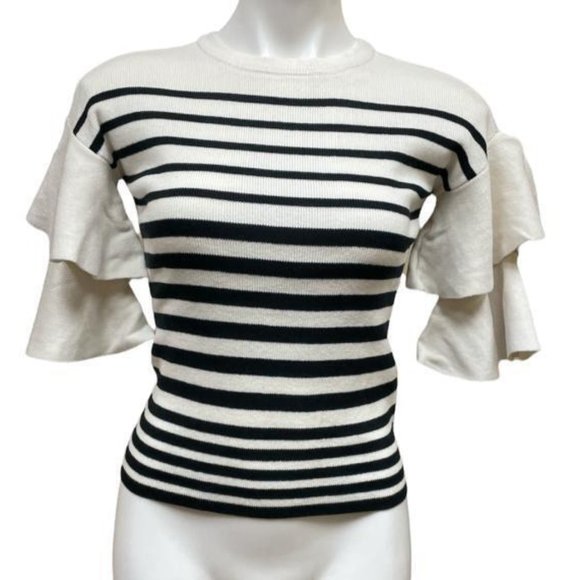 Women's Knit Sweater Bell Sleeve Black and White Striped Top Tiered XS, S, M - Picture 2 of 9